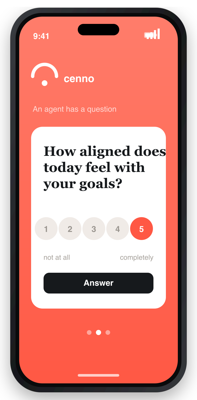 cenno companion on iPhone showing an agent prompt with answer buttons