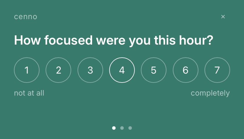 cenno EMA scale panel: a 1-to-7 scale question on teal with dot pagination